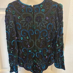 Elegant Sequin Black/Blue Embroidered Women's great Holiday Blouse Medium